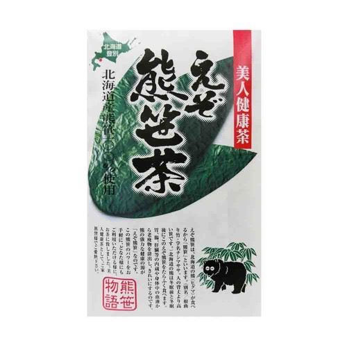 通販ショップの熊笹本舗から販売されているえぞ熊笹茶ティーパックの商品写真です。コメントで美人健康茶と書かれています。