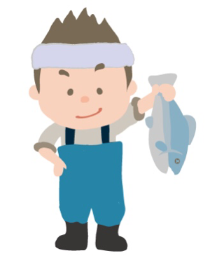 漁師産が魚を片手にポーズを取っているイラスト