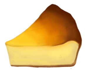 チーズケーキのイラスト。表面がこんがりと焦げて美味しそうなチーズケーキが描かれています。