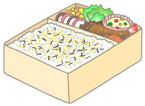 ふりかけのイラスト。四角形のお弁当箱にご飯とおかずが盛り付けられている。さらにご飯にはふりかけが盛り付けられている状態が描かれている