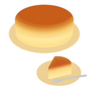 チーズケーキのイラスト。カットしてないホール状態と三角形にカットした状態の2つのイラストが描かれています。