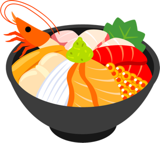 海鮮丼のイラストです。どんぶりにえび、サーモン、ホタテ、いくら、マグロ、わさびなどが盛り付けられている状態が描かれている