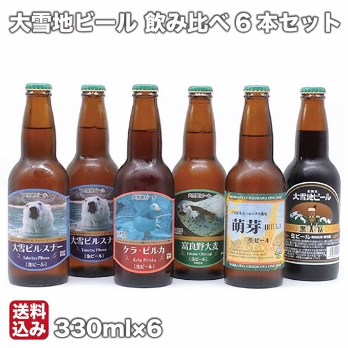 大雪地ビールから販売されている地ビールの商品紹介写真。大雪ピルスナー、ケラ・ピルカ、富良野大麦、萌芽、黒岳の5種類が写っている